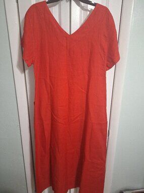 HARIS COTTON CURVE: RED/ORANGE LOOSE LINEN DRESS